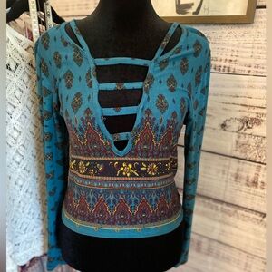 EARTHBOUND Teal Strappy Boho Print Long Sleeve Top